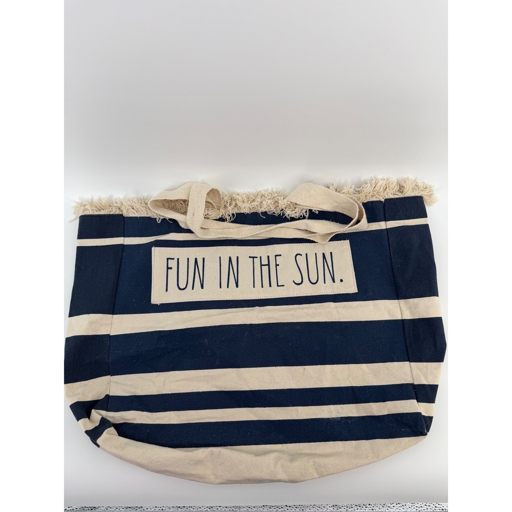 Rae Dunn FUN IN THE SUN Canvas Tote Large Beach Bag Navy Stripe Fringe Weekender